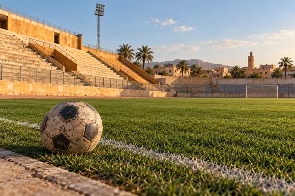 A football on a sunlit North African pitch with ochre stands in the background