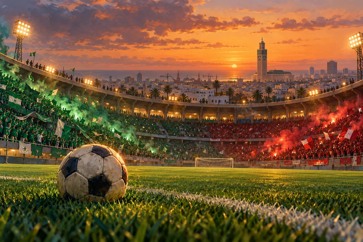 A football on a Casablanca pitch with green and red supporter colours at sunset