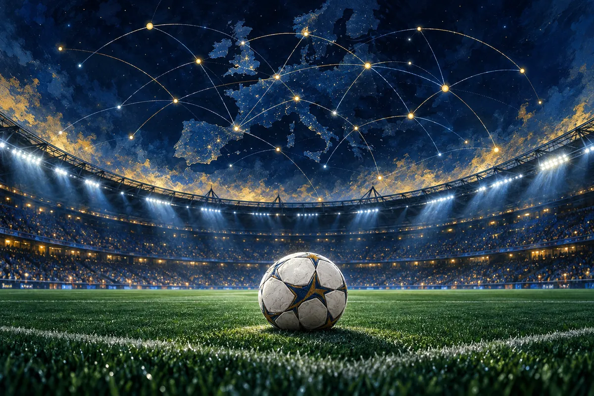 A football under European stadium floodlights with abstract connecting lights
