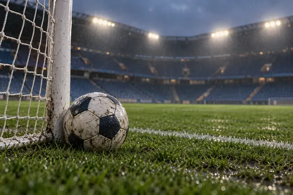 A football beside a rain-soaked goal net beneath bright stadium floodlights