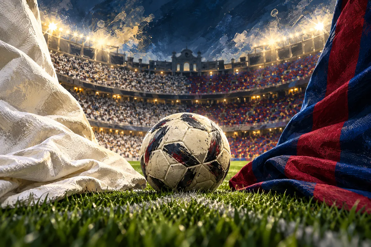 A football between white and blue-and-burgundy fabrics under stadium lights