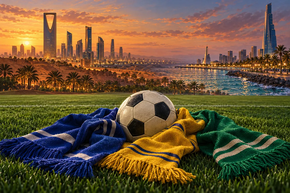 A football with blue, yellow and green scarves between Riyadh and Jeddah skylines